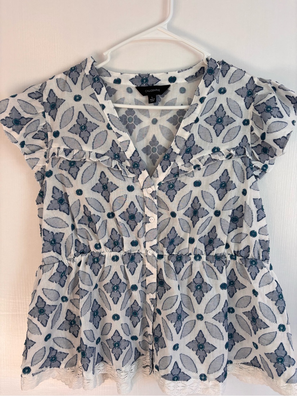 Casual Blue Floral Peplum Button-Front Blouse